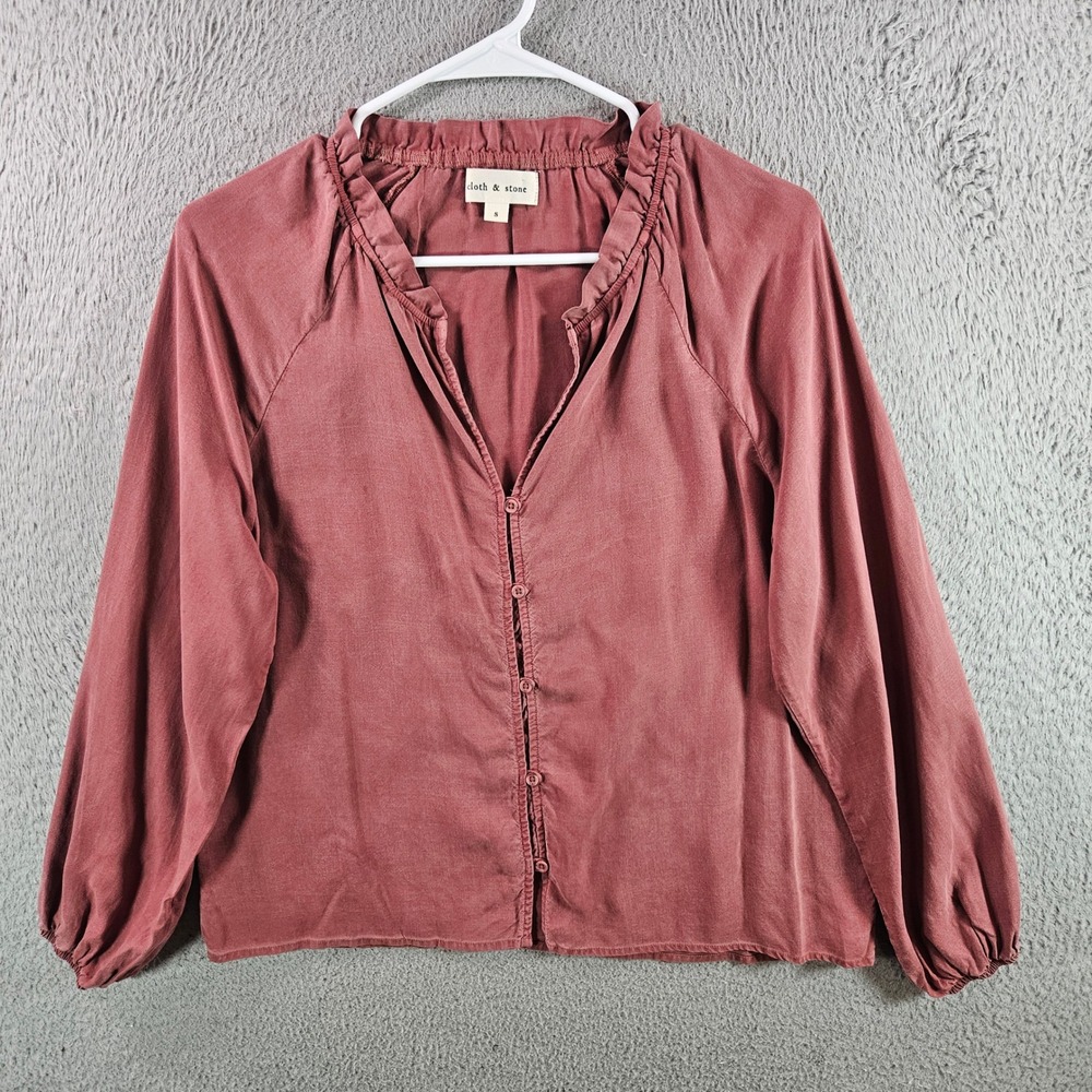 Cloth & Stone‎ Women's Pink Ruffled Neck Button Front Long Sleeve Blouse Size S